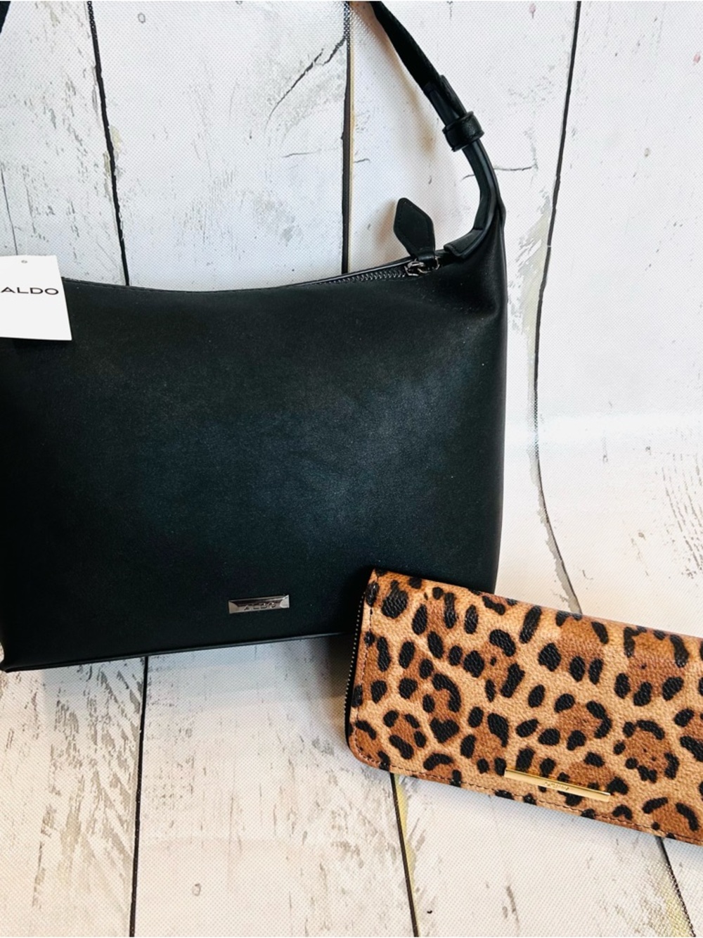 ALDO Black Shoulder Bag Purse with Leopard-Print Wallet bundle